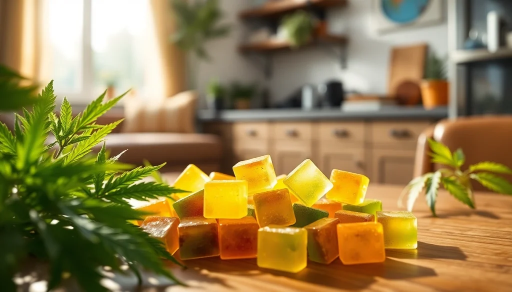 Showcasing Weed Gummies amidst greenery, emphasizing vibrant colors and a relaxed atmosphere.