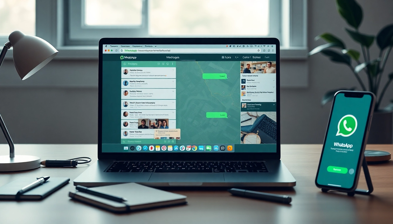 笔记本电脑屏幕上的 WhatsApp Web 界面，现代工作区内突出显示快连官网的功能。