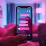 AI sex chat interface on a smartphone in a cozy setting, symbolizing digital romance.