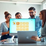 团队在明亮的办公室环境中协作，使用 WPS Office 软件实现高效生产力。