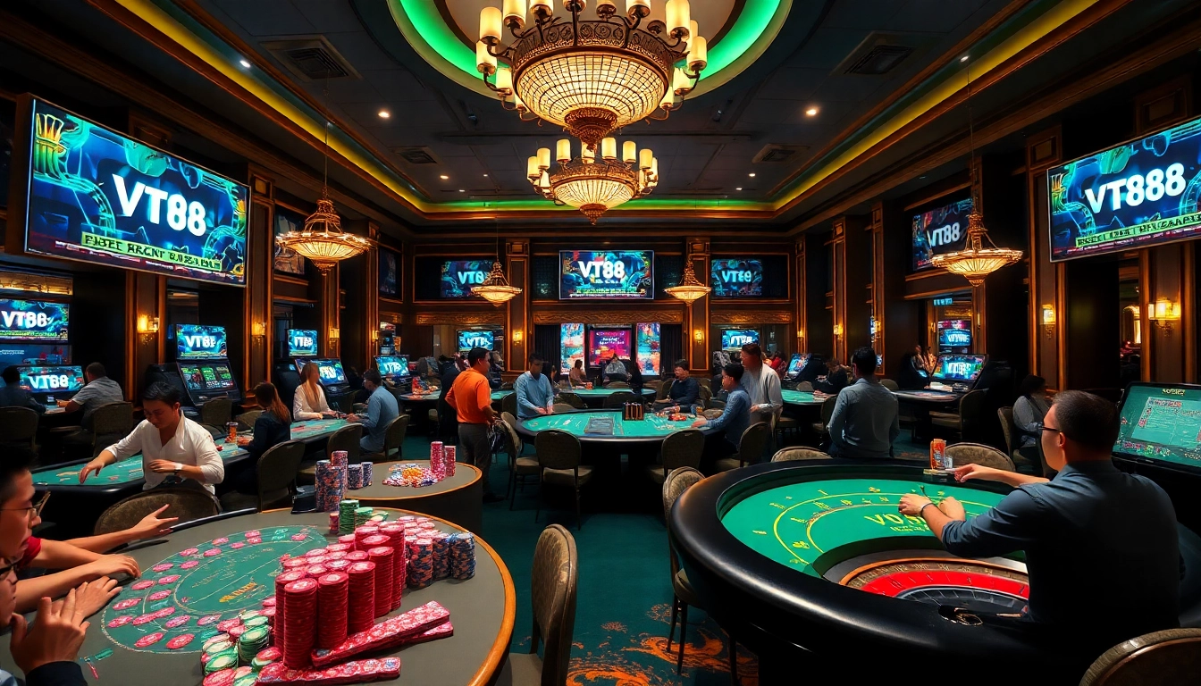 Experience a thrilling game at VT 88 casino tables with vibrant poker chips and professional atmosphere.
