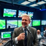 Announcer in professional sports broadcasting studio engaging with viewers during a live event.