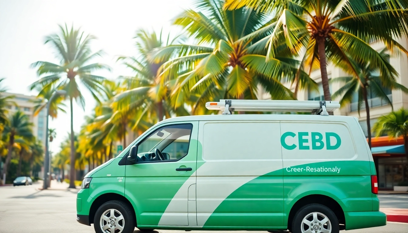 Discover fort lauderdale weed delivery with a professional cannabis delivery vehicle amidst a vibrant beach setting.