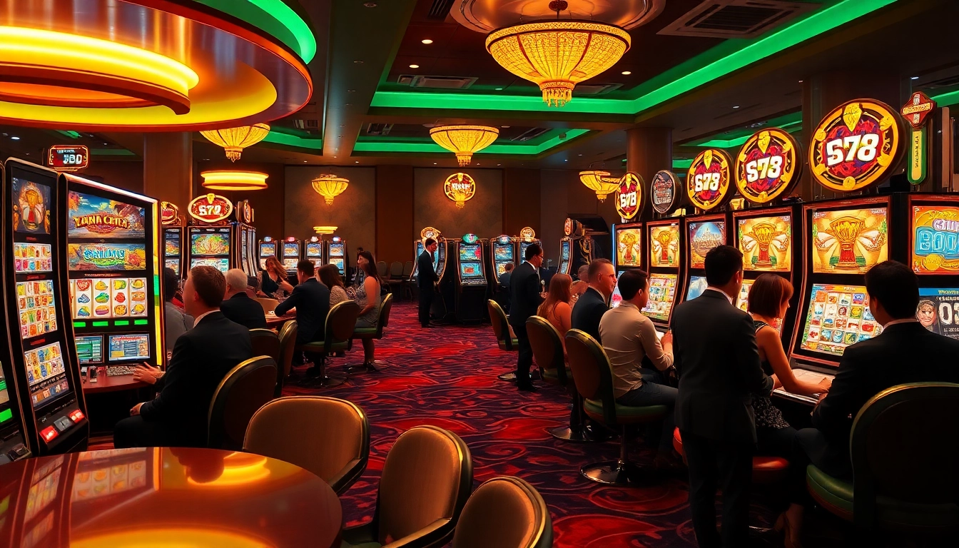 Play the exciting PG slot demo in a luxurious casino scene filled with vibrant slot machines.