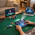 Engaging in live poker gaming on a tablet at home, showcasing 789WIN's interactive features.
