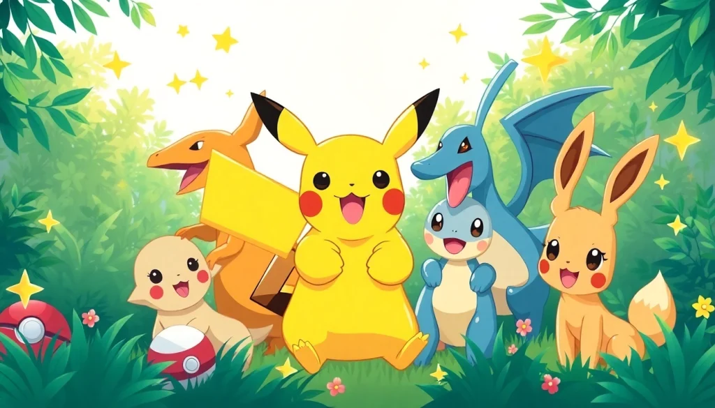 Pokemon SVG characters including Pikachu and Charizard in a colorful, playful scene.