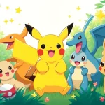 Pokemon SVG characters including Pikachu and Charizard in a colorful, playful scene.