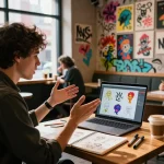 Engaging NSFW art discussion in an urban cafe, featuring colorful graffiti, a laptop showing creative designs, and artistic supplies.