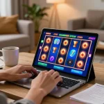 Engaged player spinning online slot reels on a tablet, surrounded by strategy notes and coffee mug