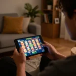 Koinvegas slot mobile player engaged in dynamic gameplay at home, showcasing a thrilling online slot experience.