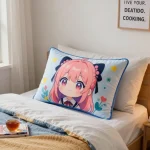 Custom dakimakura pillow on a cozy bed, featuring vibrant anime artwork, creating a warm atmosphere.