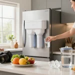 A person refilling a glass with AQUA CREST ADQ73613401 Refrigerator Water Filter in a modern kitchen, symbolizing health and fresh living.