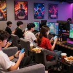 Engaged group placing bets in a lively esports betting scene Singapore.