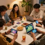 Engaging friends playing NSFW games in a cozy home setting, showcasing lively gameplay.