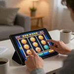 Engaging with a situs slot bet 200 online game on a tablet in a cozy home setting, showcasing strategic gameplay.