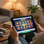 Engaging in online gaming with FLY88 casino app on tablet, showcasing vibrant slot games.