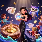 Engage with mpo500's vibrant casino experience featuring a mystical woman, coins, and gaming elements.