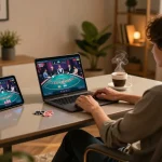 Engaged player using 99win com for online poker, highlighting comfortable home gaming setup and strategic gameplay.