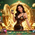 Experience สล็อตเว็บตรง action at a glamorous VIP slots table with gold treasures and high-value chips.