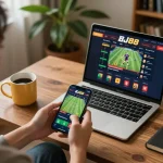 Player engaged in sports betting on BJ88 app in a cozy home setting, showcasing a strategic gaming atmosphere.