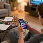 Player enjoying 99win mobile gaming experience on smartphone with cozy home setup