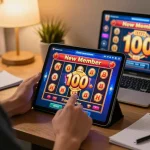 Engaging in online gaming for slot bonus new member 100, showcasing excitement and strategy in a cozy home setting.