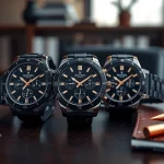 Showcasing super clone watches elegantly placed on a dark wooden surface with luxury props.