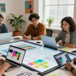 Team collaborating with mixboard ai on a digital canvas in an innovative workspace.