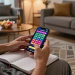 Engaging player using smartphone for lô đề online betting with warm home ambiance