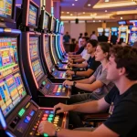 Players enjoy exciting slot games at vibrant casino machines with neon lights