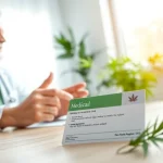 Patient discussing options with doctor, displaying Medical marijuana card prominently on the table.