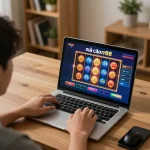 Player engaging with the nhà cái rr88 online gambling platform in a cozy home office setting, laptop displaying vibrant slot game.