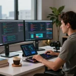 Developer engaging with openclaw personal AI assistant in modern workspace with dual monitors and coding setup
