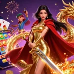 Engage with jagoan86's vibrant casino world featuring a warrior queen in a dynamic 3D scene.