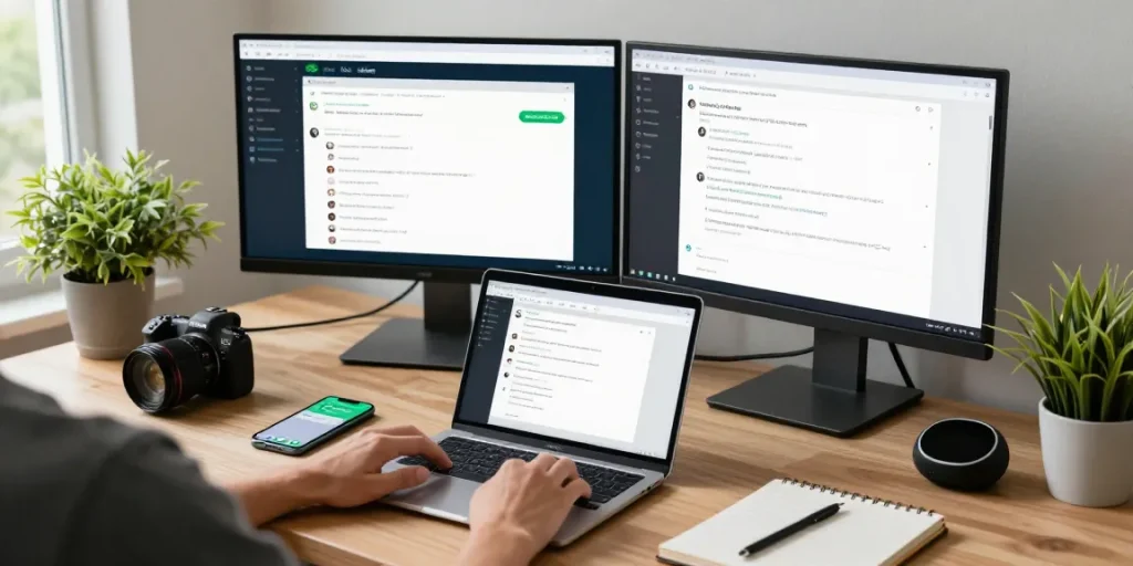 Engaged user utilizing WhatsApp電腦版 in a modern home office, highlighting productivity.