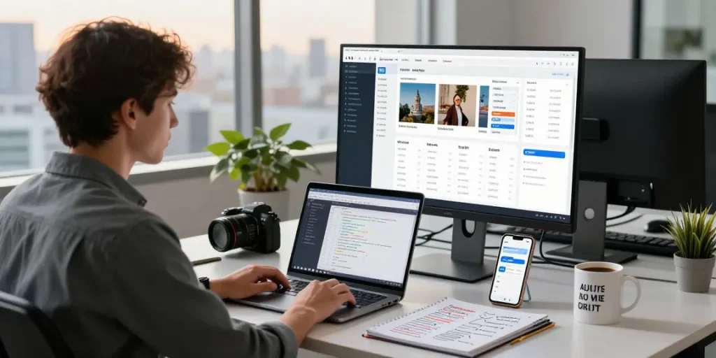 AI image checker analysis in a modern office setting with a data analyst showcasing detailed results.