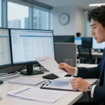 Asset tracing analysis in a financial investigation office with spreadsheets and documents