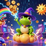 Spin vibrant slots with golden coins, a wizard frog, and a chameleon in dynamic 3D illustration.