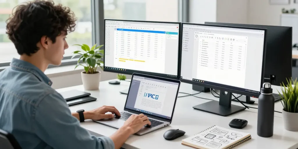 Downloading WPS Office in a modern workspace with dual monitors, laptop, and vibrant spreadsheets.