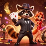 Engage in thrilling sports betting with 7MCN as the raccoon and fox showcase a royal flush in a vibrant arena.