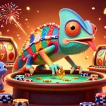 Engage with Sun Win's casino world featuring a vibrant chameleon owner surrounded by slots and festive decorations.