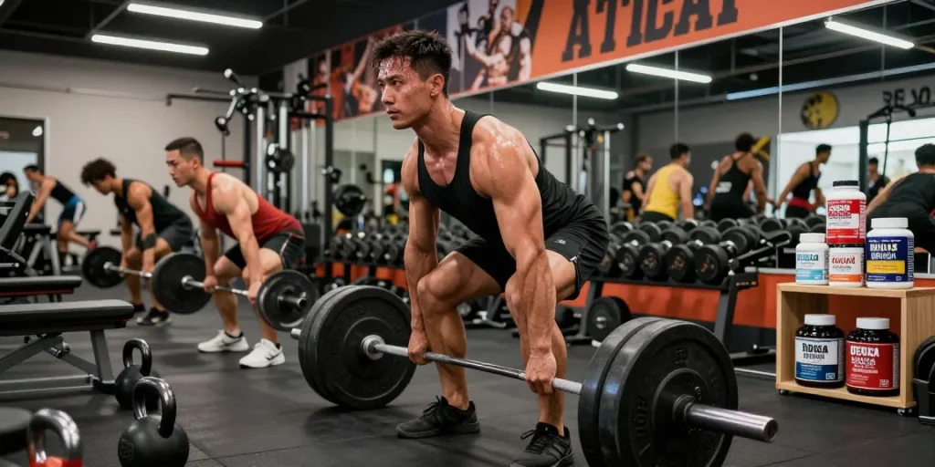 Athlete lifting weights in a dynamic gym scene with Deus Medical Steroids supplements visible, showcasing intense training.