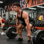 Athlete lifting weights in a dynamic gym scene with Deus Medical Steroids supplements visible, showcasing intense training.