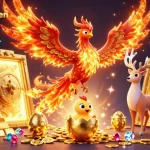 Experience isuzukebumen's magical world with a phoenix soaring over treasure in a dynamic casino scene.