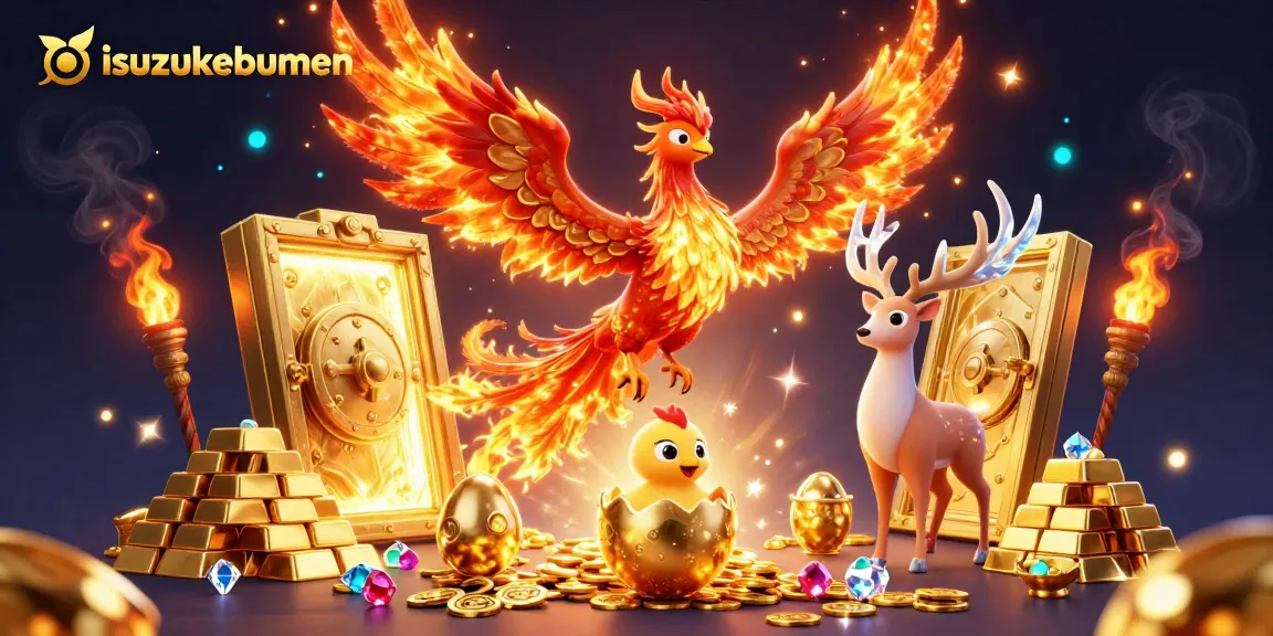 Experience isuzukebumen's magical world with a phoenix soaring over treasure in a dynamic casino scene.
