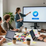 Collaborative digital workspace for telegram中文版下载 featuring diverse professionals engaged in project discussions