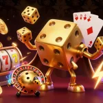 Toto 3D cartoon illustration showcasing a golden dice golem juggling while immersed in vibrant casino elements.
