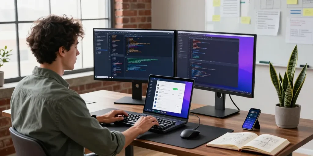 telegram中文版下载 at a modern software development workspace with colorful coding on screens and a developer focused at work.