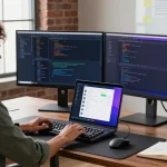 telegram中文版下载 at a modern software development workspace with colorful coding on screens and a developer focused at work.