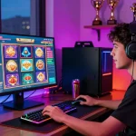Pengalaman bermain Super59 di komputer dengan suasana gaming menarik dan aksesori modern.